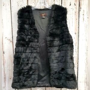 Eyeful Women's Medium Black Faux Fur Hook & Eye Duster Vest Furry Fuzzy  Top EUC